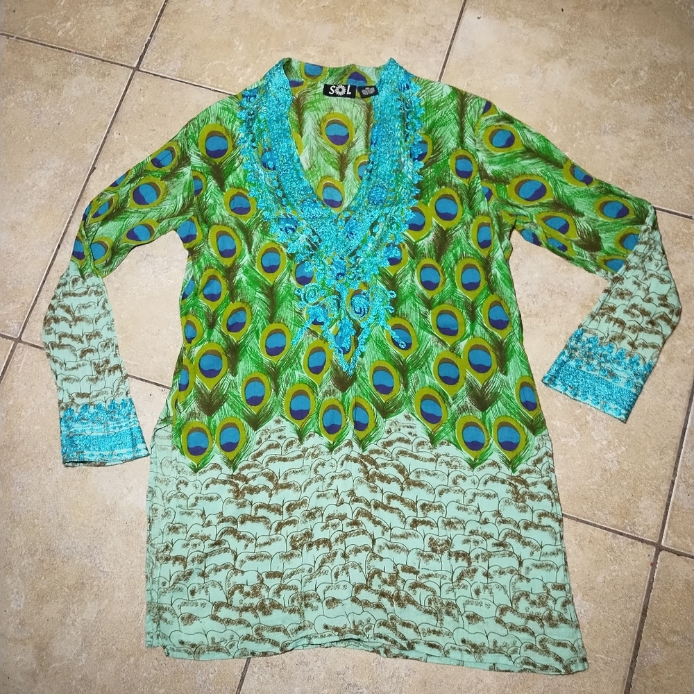 SOL Women's Embroidered Cotton Peacock Tunic Size Medium